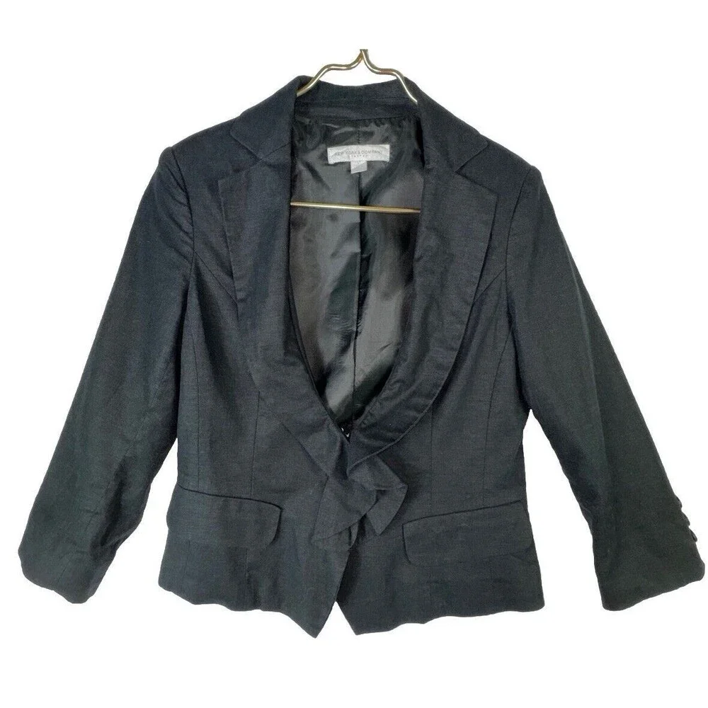 New York & Company Black Linen Stretch Size 6 Blazer‎ Ruffle Jacket Work Classic